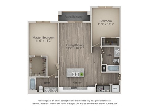 A 3D floor plan of a home with a master bedroom, living/dining area, kitchen, and bathroom.